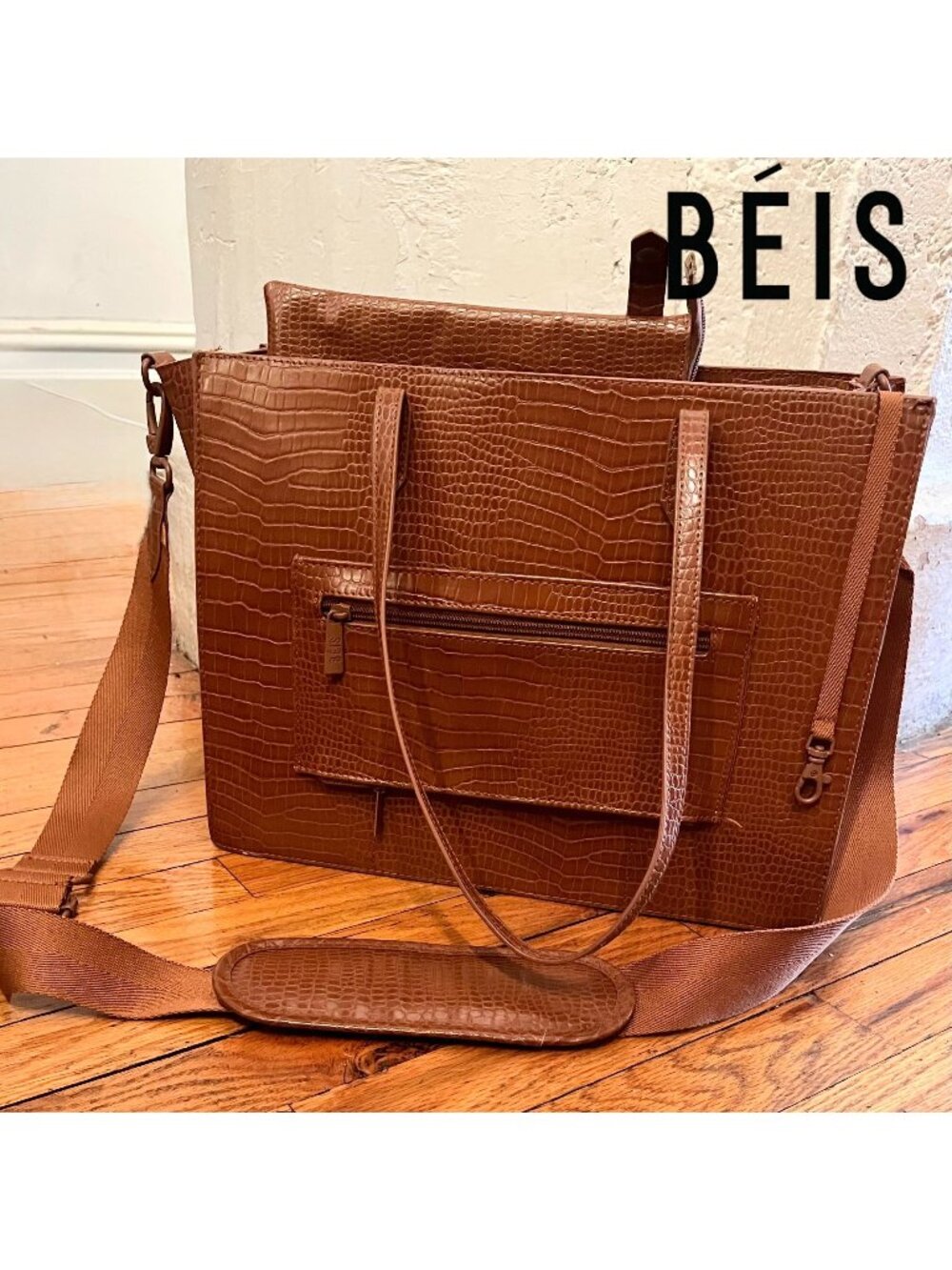 NWOT Sold Out! BÉIS The Large Work Tote in Maple Cognac Croc